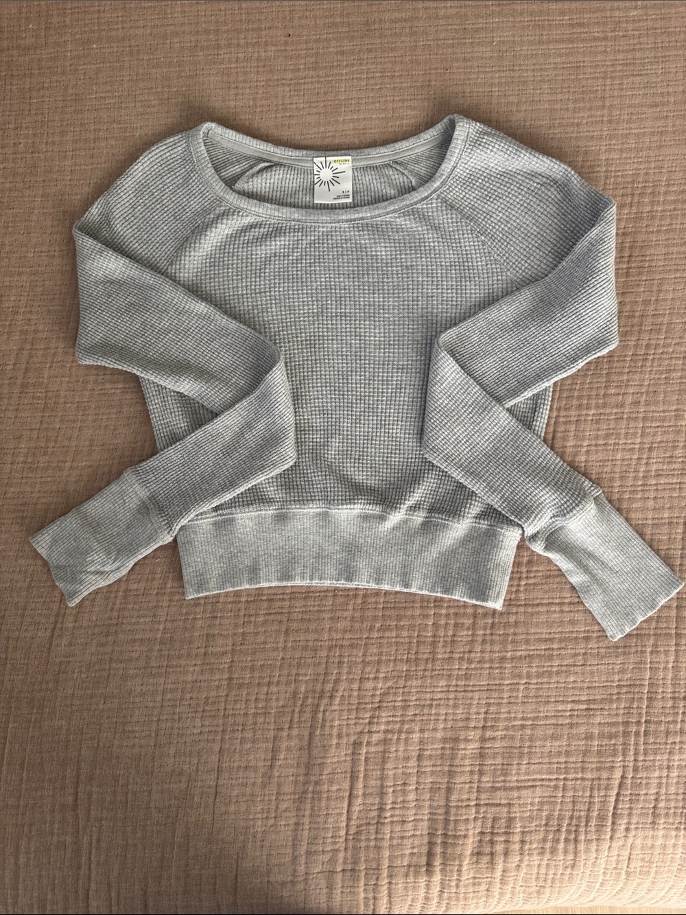Women's Light Gray Waffle-Knit Long Sleeve Crop Top